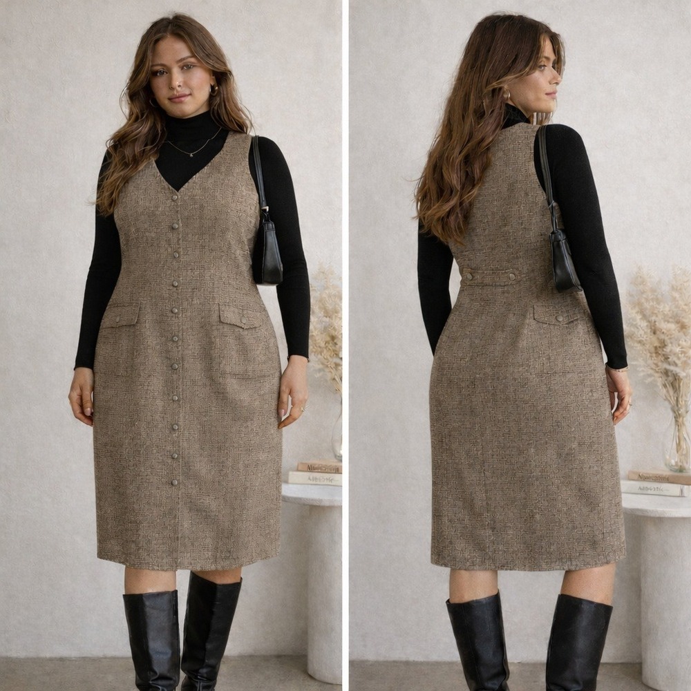 Vintage 10P Houndstooth‎ 90s Sleevess Button Front Midi Dress Preppy Academia